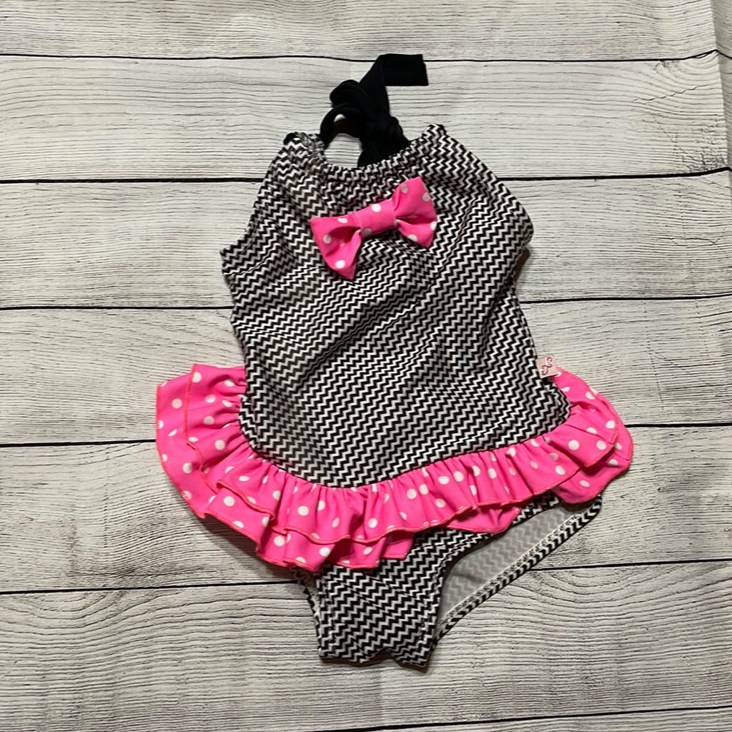 Floatimini Black & White Chevron Back Neck Tie One-Piece Swim Suit Size 4t